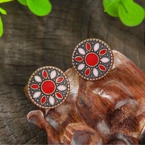 Red and Pink Floral  Round Mandala Earrings - Women Jewelry